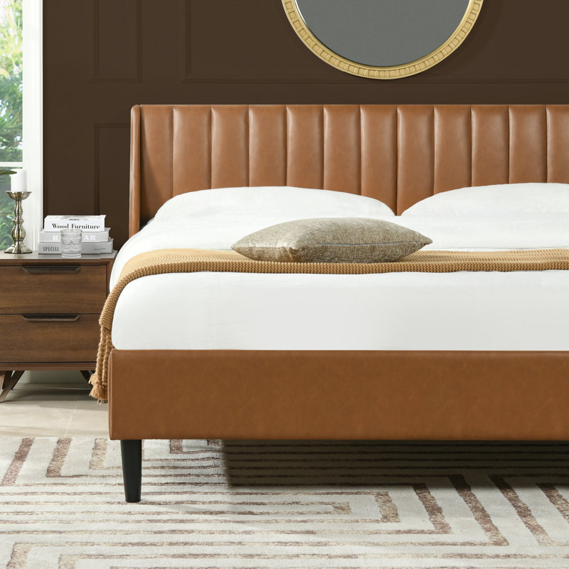 Helaina Upholstered Wingback Bed, King, Caramel Tan Brown Faux Leather