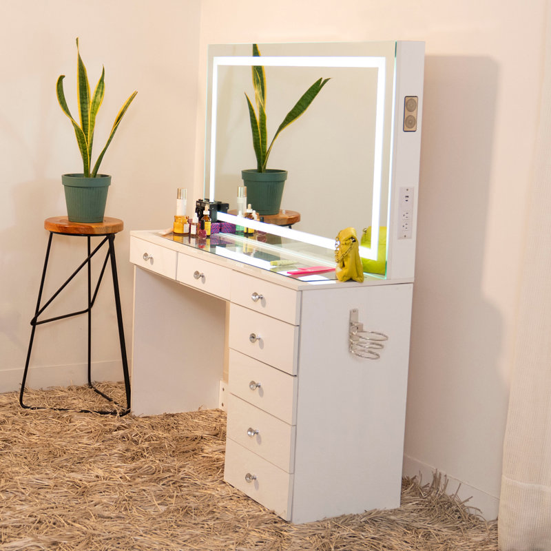 Boahaus Aria Vanity Desk with LED Mirror – 7 Drawer Makeup Vanity Table Designed as a Complete Dressing Station with Integrated Power and Speakers