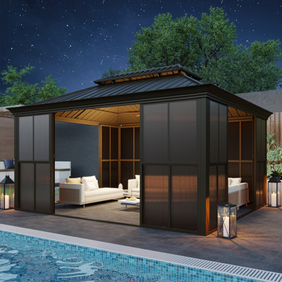 14 Ft. W X 12 Ft. D Outdoor Hardtop Sunroom Gazebo – Fully Enclosed Aluminum Solarium With Sliding Doors, Slideable PE Screen Windows, All-Season Pergola With Galvanized Steel Double Roof For Patio, Deck & Hot Tub