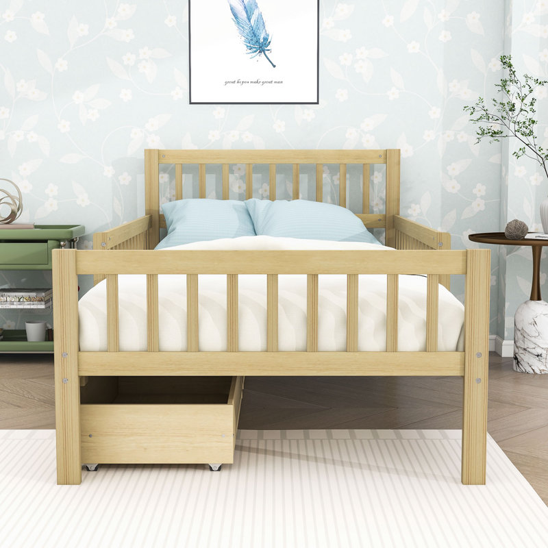 Lit plateforme en bois avec tête de lit, garde-corps et tiroirs de rangement Idahlia, Simple, Natural