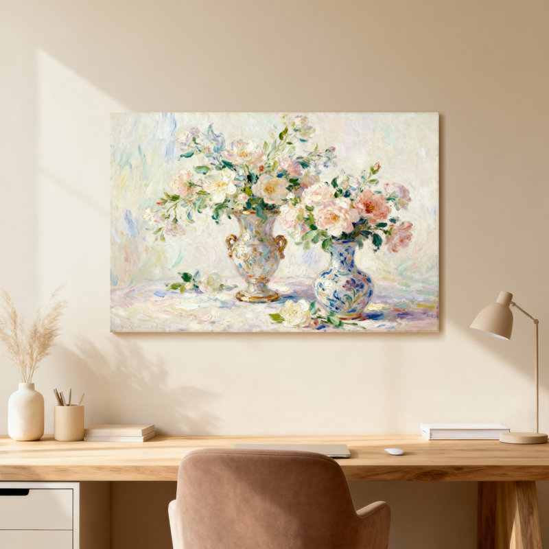 Vases floraux avec roses et feuilles, H 24 po x l 36 po, Toile tendue, Ne s’applique pas
