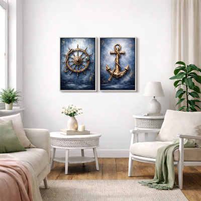Nautical Ship Wheel and Anchor Artwork, Coastal Living Room Pictures, Framed Canvas Giclee Print 2 Pieces Wall Art