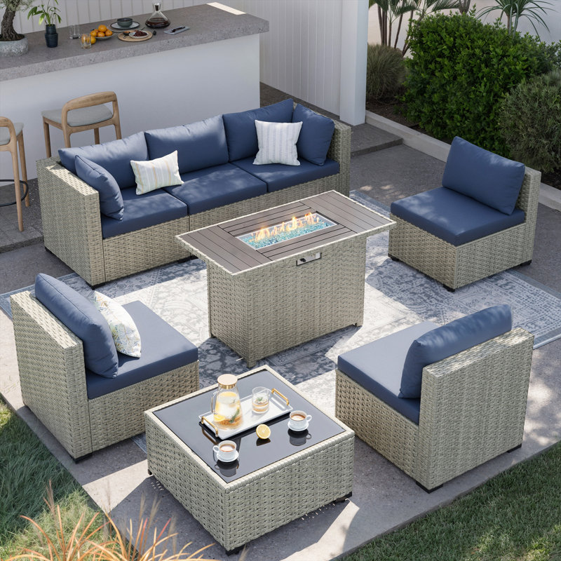 Outdoor Wicker 8-Piece Sectional Sofa Set With Comfortable Cushions, Navy