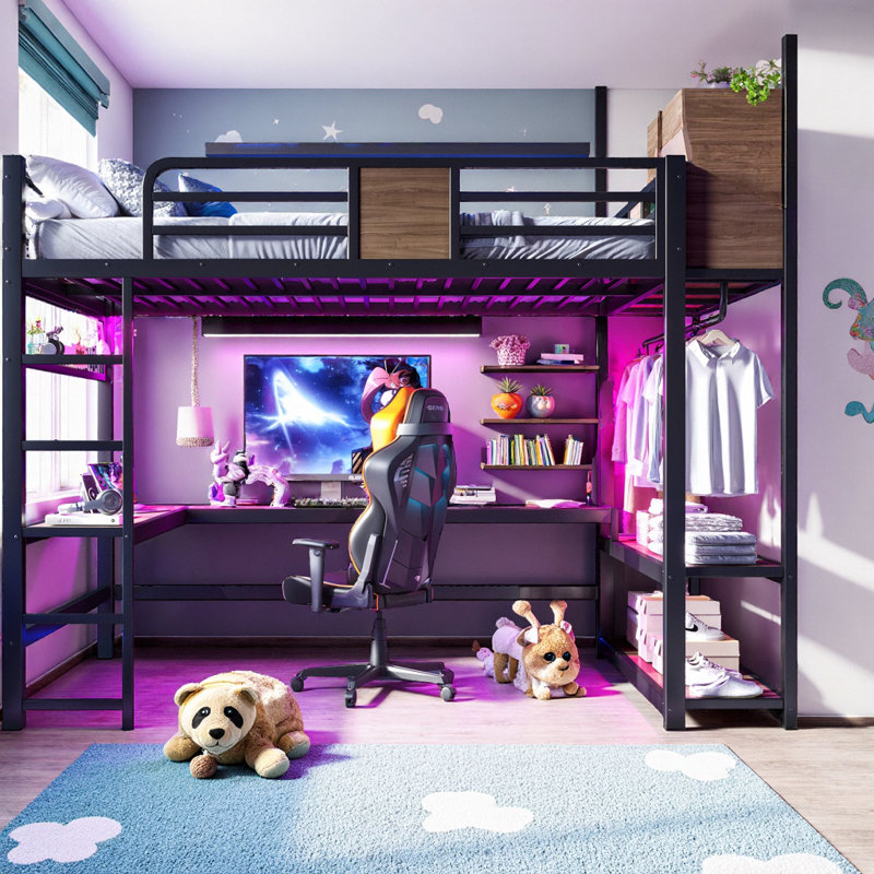 Lit mezzanine avec bureau en L, bande lumineuse à DEL et tablettes de rangement, Queen
