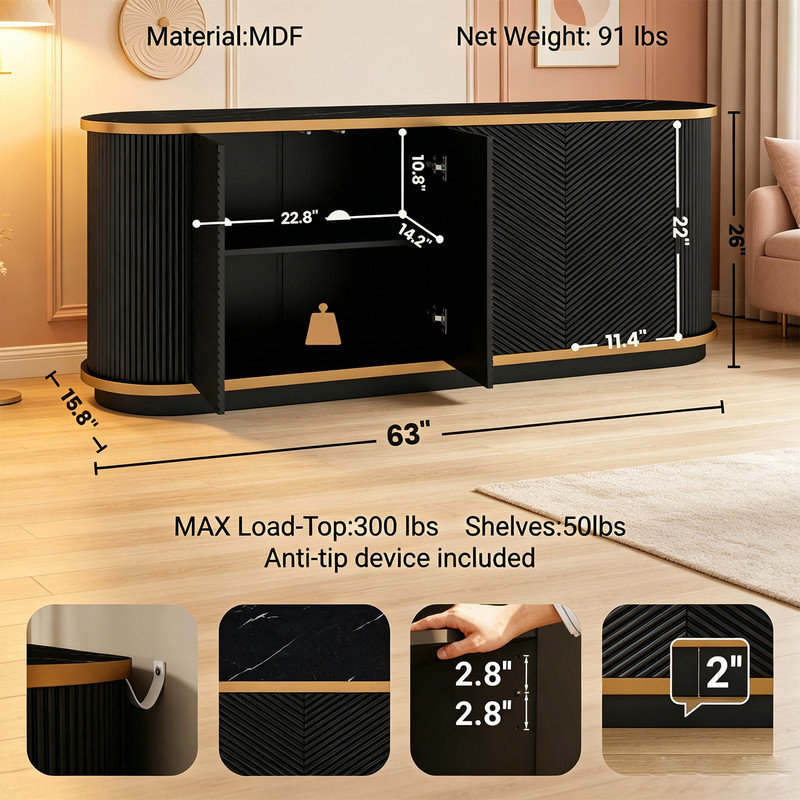 Black 63 Inch Diagonal Fluted Sideboard Storage Cabinet, Black Faux Marble Top 4-Door Buffet Credenza TV Stand with Gold Trim, Modern Console Table for Dining Room and Living Room