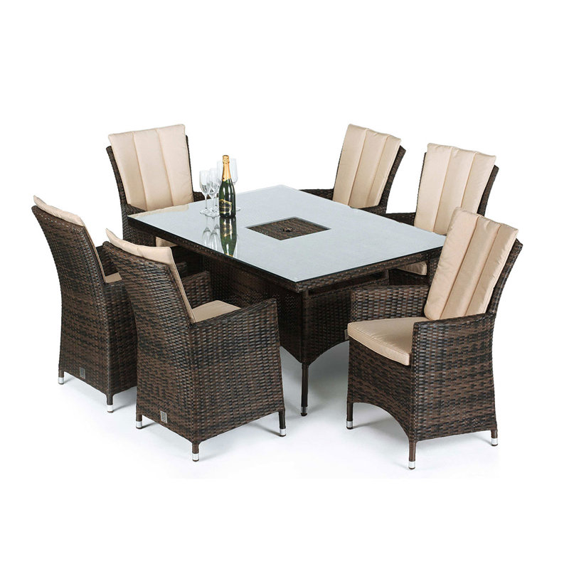 Zayd 6 Seat Rectangular Rattan Dining Set - with Ice Bucket, Black/Brown/Beige