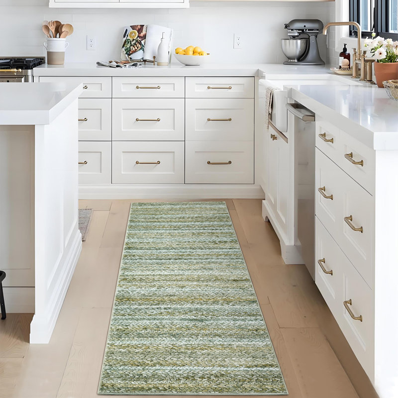 Tapis moderne neutre lavable pour le salon de la chambre à coucher, Green, Runner 2' x 6'