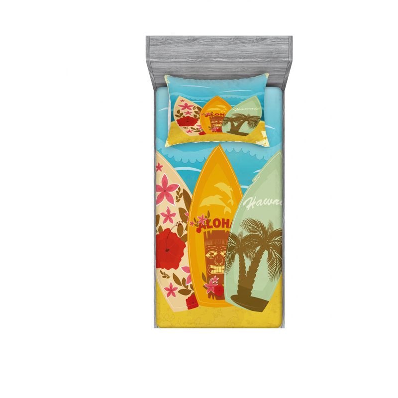 Ensemble de draps hawaii beach surfboardson the sable, Ensemble de draps pour lit simple avec drap-housse
