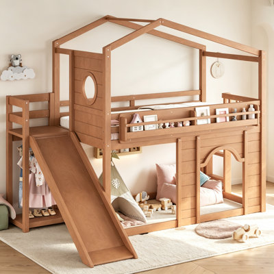 Twin Size House Loft Bed with Slide, Bookshelves and Built-in Wardrobe, Wood Loft Bed Frame with Round Window and Arched Door, Natural