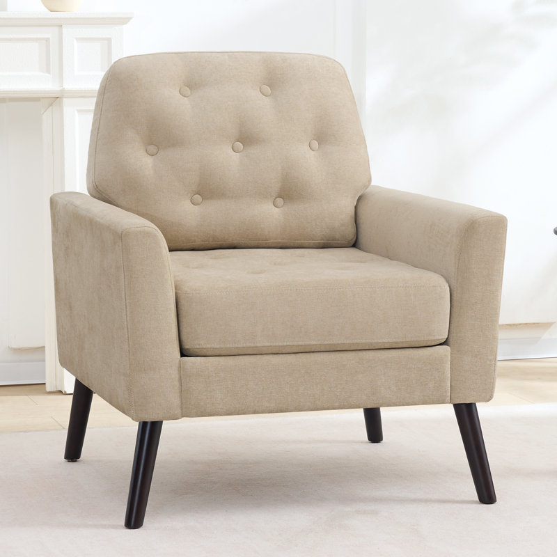 Fauteuil d'appoint rembourré en chenille de style Mid-Century avec pieds rembourrés en bois, Brun pâle