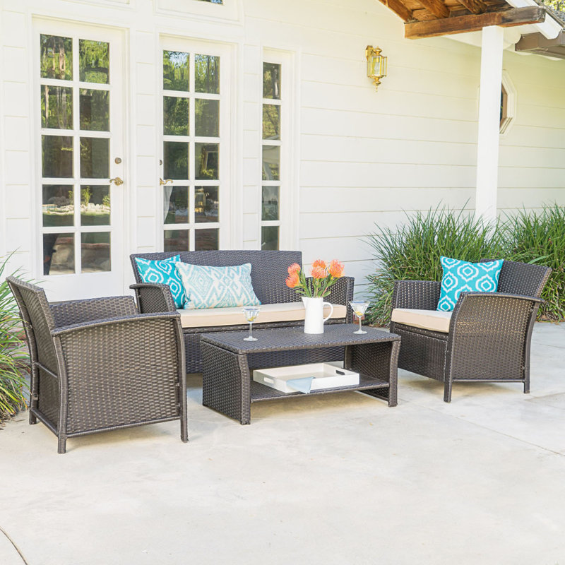 4Pc Sofa Set, Tan Cushion/Brown Frame