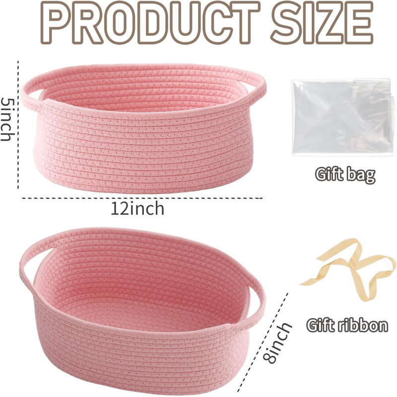 Petit panier de rangement en corde tissée avec poignées et sac à ruban rose
