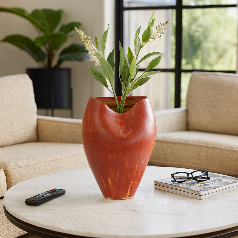 Decorative Abstract Table Vase for Home Decor - Modern Flower Vase for Shelf Styling, Tabletop Entryway, and Living Room Decor - Red