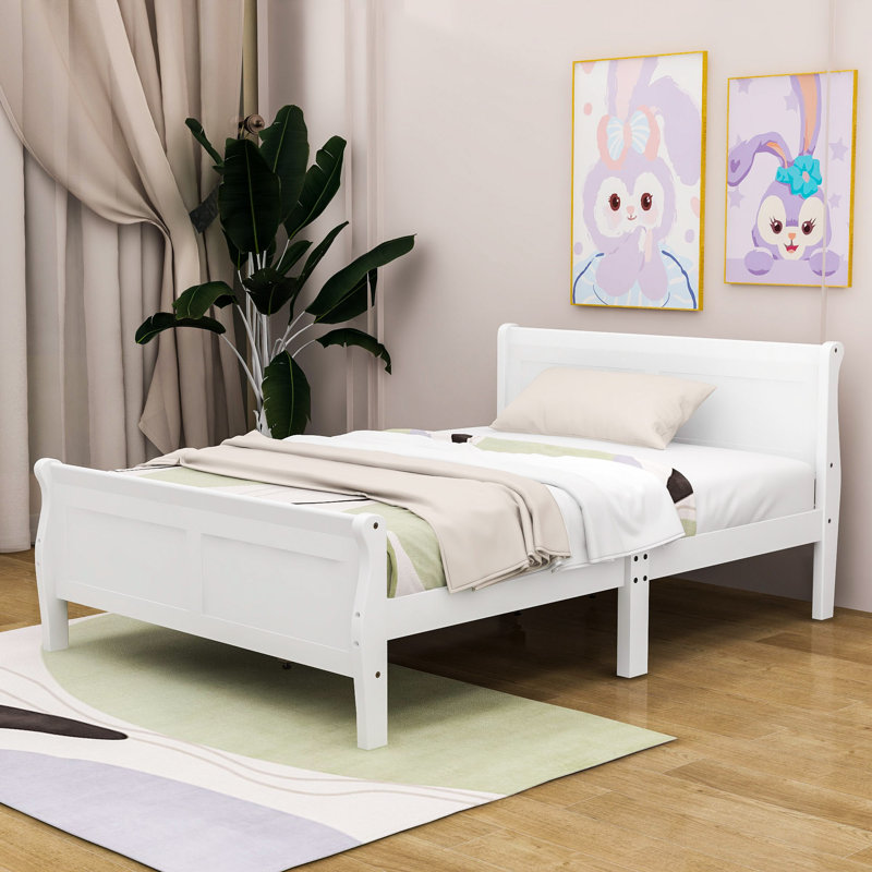 Lit plateforme en bois avec tête et pied de lit, Double, Blanc