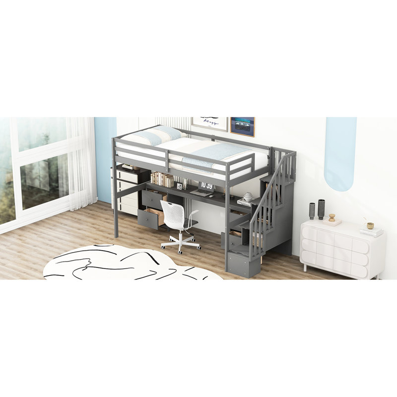 Lit mezzanine simple gris avec bureau et double compartiment de rangement