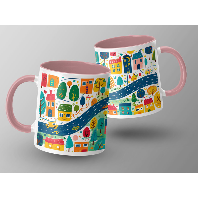 Kids Drawing Style 11oz Accent Mugs – Ceramic Coffee Cup with a Pink Handle and Interior