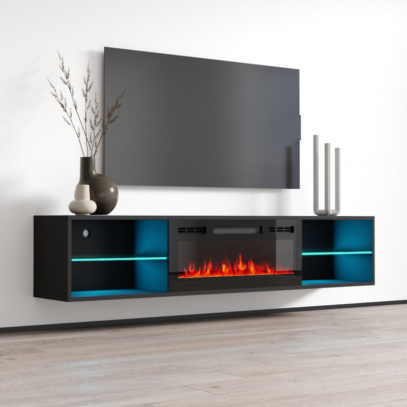 Seroka Modern Floating Wall Mounted TV Stand for TVs up to 88" with Electric Fireplace Included, Black