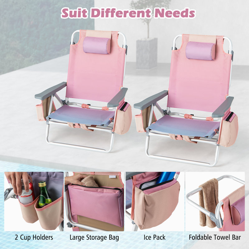 Chaise de plage pliante portative en aluminium avec appui-tête, Rose