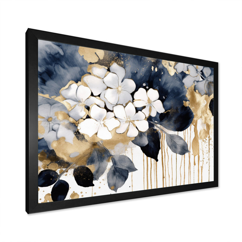 Hortensias en or blanc et ciel I - impressions florales encadrées, H 34 po x l 44 po x P 1 po, Cadre simple noir