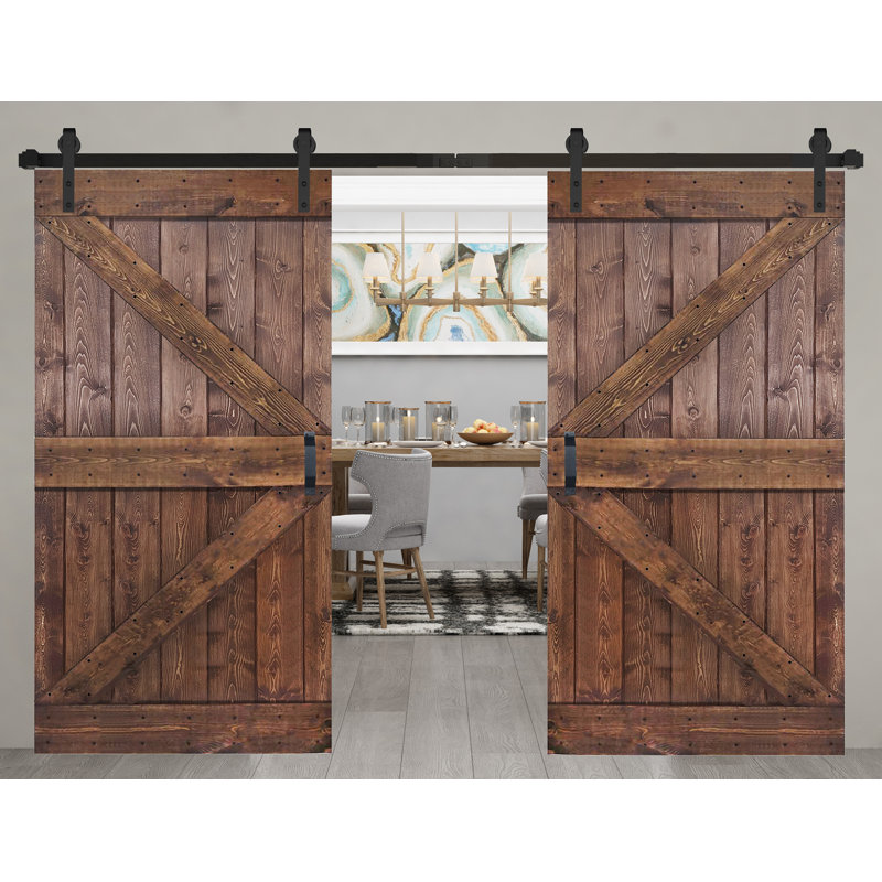 Porte de grange coulissante double en bois massif de style K avec ensemble de quincaillerie - Assemblage requis, Noyer foncé