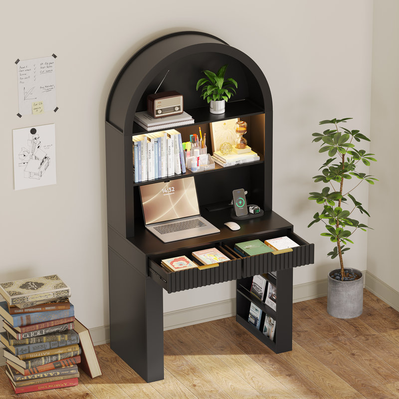 Bureau d'écriture avec huche arquée, tiroir cannelé et tablettes de rangement, bureau d'ordinateur moderne en bois avec rangement pour bureau à domicile, chambre à coucher, petit espace