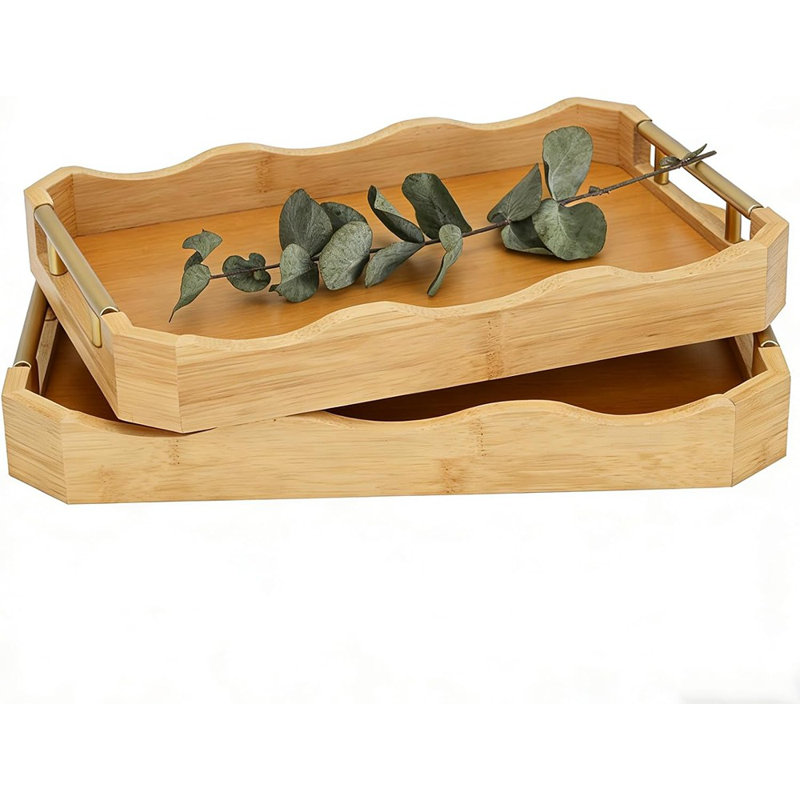 Bamboo Decorative Serving Tray Set With Gold Handles, Ottoman And Coffee Table Trays For Home