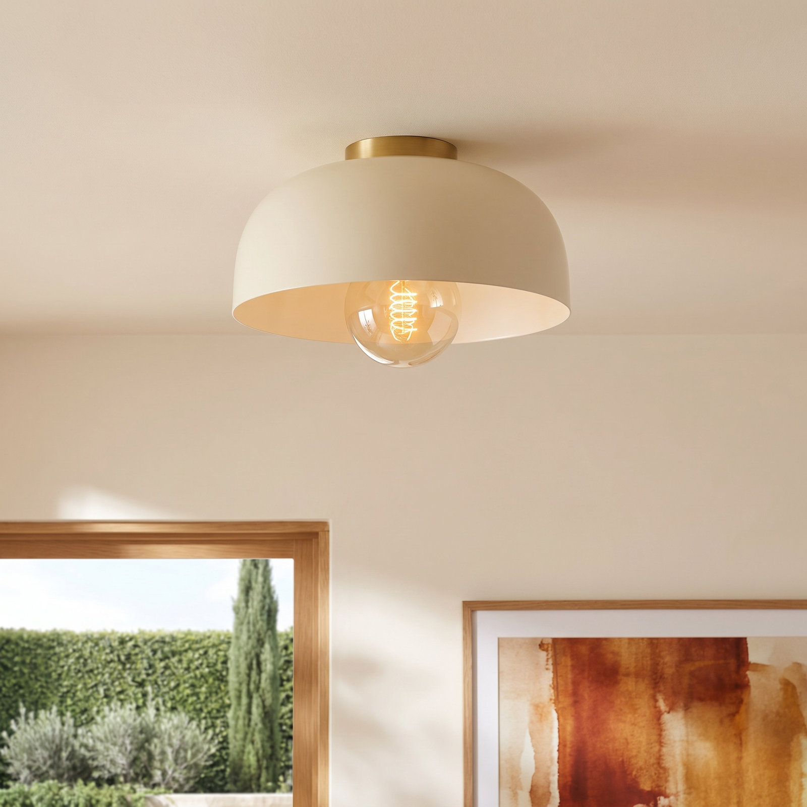 Rodanthe Single Light Metal Flush Mount, Aged Brass, Cream, 6" H x 14" W x 14" D