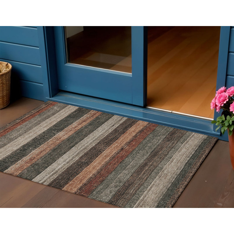 3' X 5' Rust And Taupe Striped Washable Indoor Outdoor Area Rug