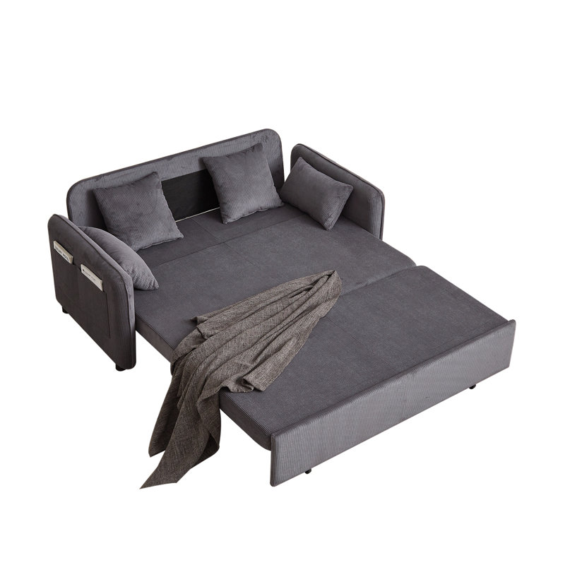 Modern Sofa Bed 3-In-1 Adjustable Sleeper With Pullout Bed Soft Corduroy Convertible Sleeper Sofa Bed, Gray