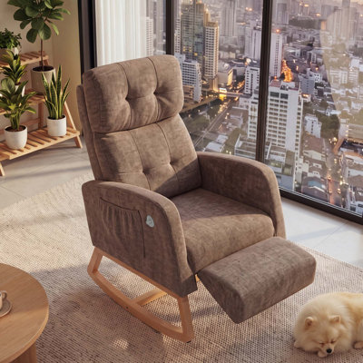 Modern Chenille Glider Recliner Chair with Ottoman, Manual Rocking Lounge Chair with Adjustable Headrest & Push-Button Footrest