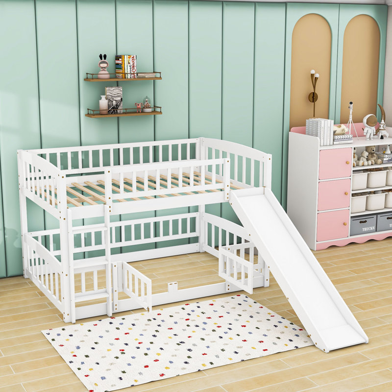 Wood Bunk Bed With Slide And Guardrails, Full over Full, Espresso
