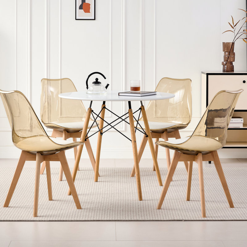 Ensemble de 4 chaises de salle à manger en acrylique, chaises de cuisine transparentes avec assise rembourrée, pieds en bois massif, brun clair, idéales pour le salon ou le bureau.