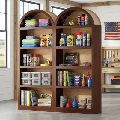 Set of 2 Freestanding Tall Storage Cabinets with 5-Tier Open Shelves, Walnut/Natural