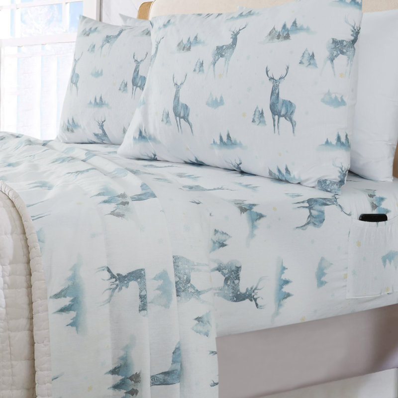 Ensemble de literie en flanelle 100 % coton, Cerf, Ensemble de draps pour très grand lit californien