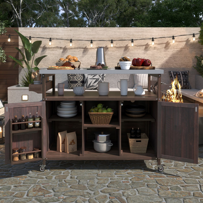 Outdoor Kitchen Island, Rolling Bar Cart & Storage Cabinet, Farmhouse Solid Wood Outdoor Grill Table with Stainless Steel Top, Spice Rack , Towel Rack for Kitchen & Barbecue