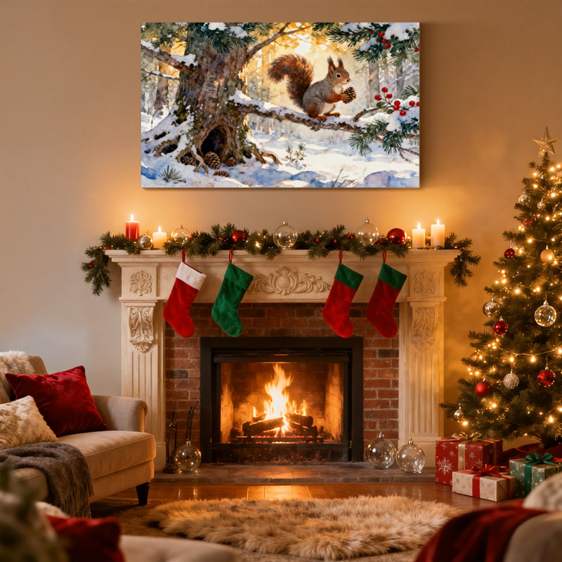 «Christmas Winter Squirrel Pinecone Snowy Tree Forest Red Berries», ensemble de 3 impressions sur toile, H 12 po x l 18 po