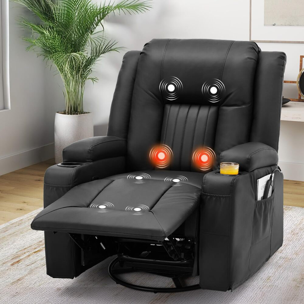 Massage Manual Recliner Chair With Heat, Leather Rocking Recliner Swivel Latitude Run® Upholstery 