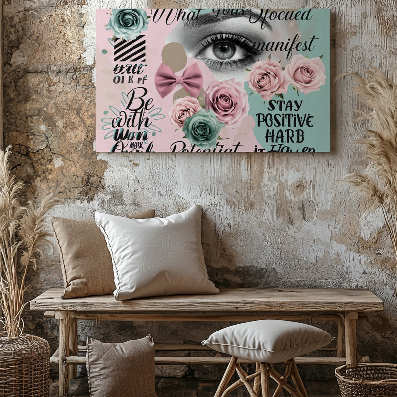 Toile, collage visuellement captivant qui se déploie sur un fond pastel doux, mélangeant de façon transparente un art mural sur toile rose et vert menthe
