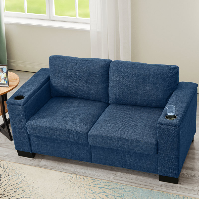 Bleu 67,7 po pour le salon, avec porte-gobelet et rangement, coussins à ressorts ensachés confortables, structure en bois massif, rembourré, pieds