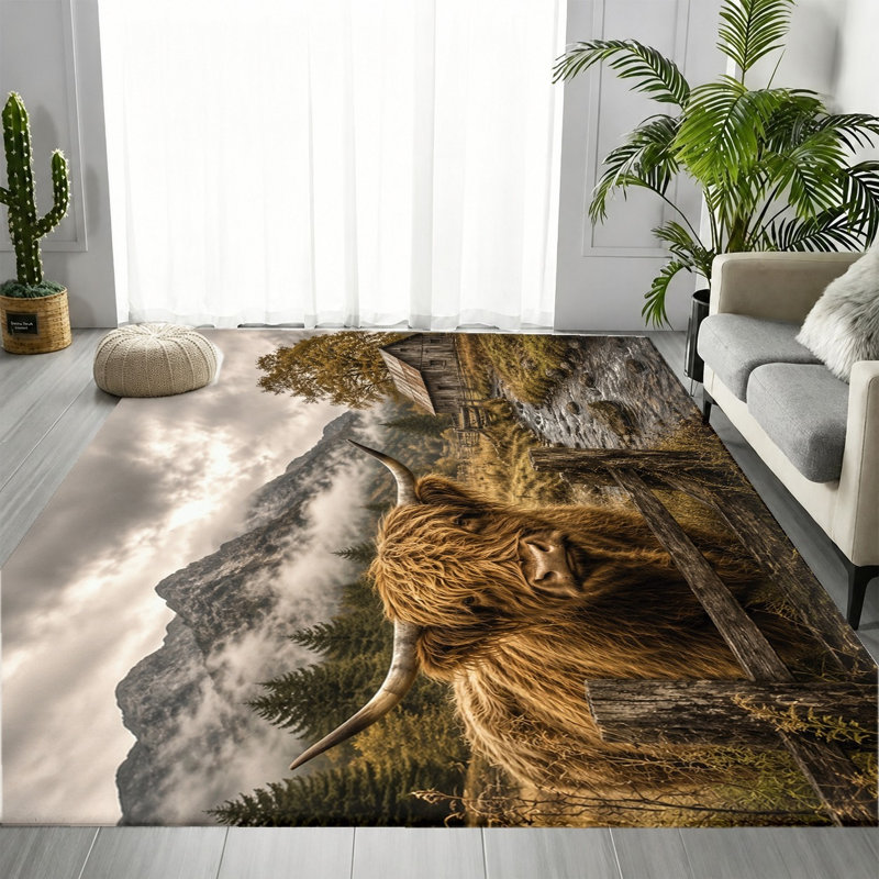 Tapis imprimé paysage vache des Highlands, texture réaliste de fourrure animale, tapis de sol inspiré de la nature, antidérapant et lavable, idéal pour le salon, la chambre, le bureau, l'appartement.