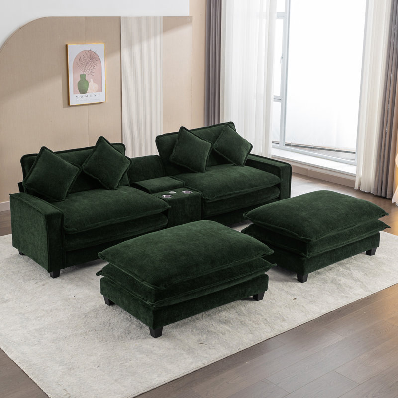 Canapé modulaire en chenille de 111 po avec deux repose-pieds amovibles en chenille, Chenille verte