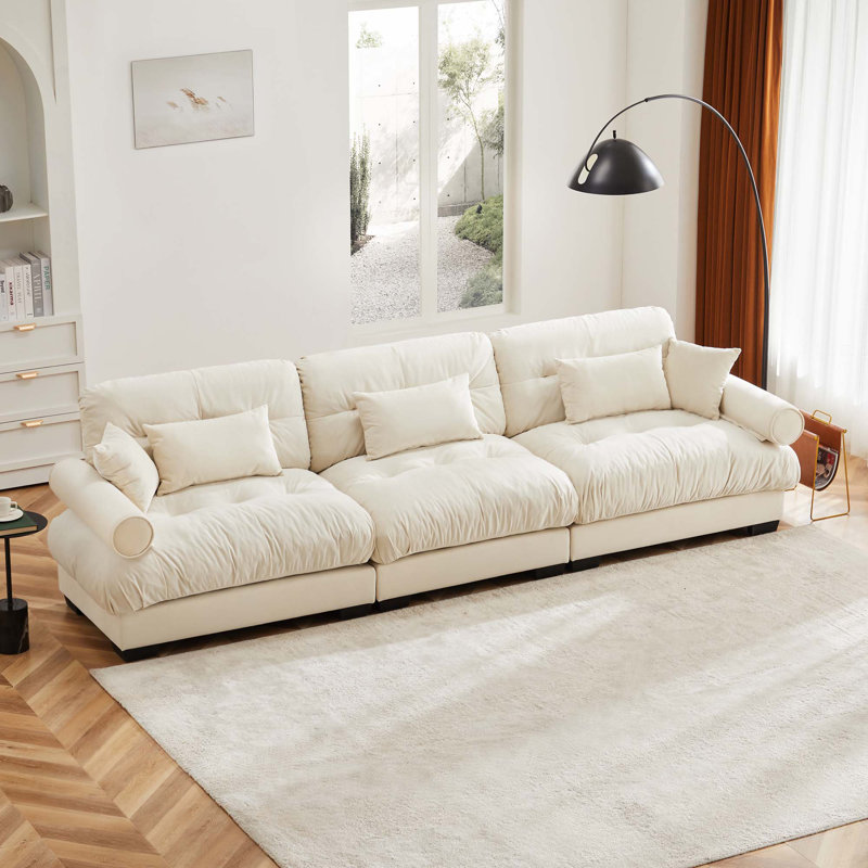 CanapÃ© moderne extra-large avec coussins de soutien et coussins dÃ©coratifs, Velours crème, 35" H x 130" W x 37" D