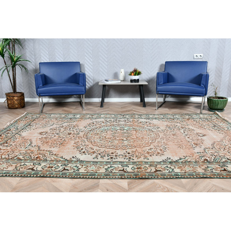 Tapis turc Oushak tissé à la main avec motif de médaillon rustique pour un décor de style rétro