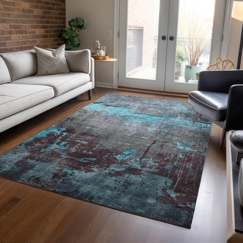 Tapis bleu sarcelle lavable à la machine intérieur / extérieur Xhevrie, Rectangle 9 pi x 12 pi