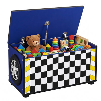 Extra Large Race Car Storage Chest with Hinged Lid, Wooden Toy Box Organizer for Nursery or Playroom, Red