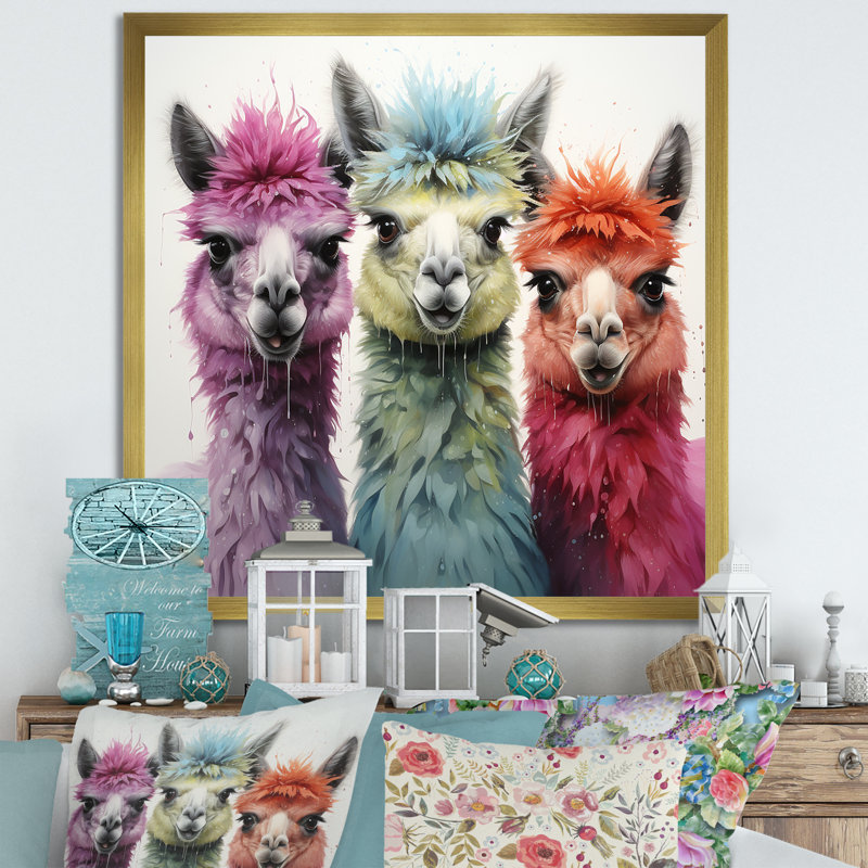 Cheerful Alpaca Family Portrait III - perroquet, art mural, Cadre flottant noir, H 30 po x l 30 po x P 1,5 po