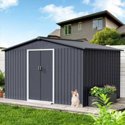 Remise de rangement extérieure en acier galvanisé gris foncé 8 pi x 8 pi avec toit incliné, portes verrouillables et évents à pignon pour jardin et patio