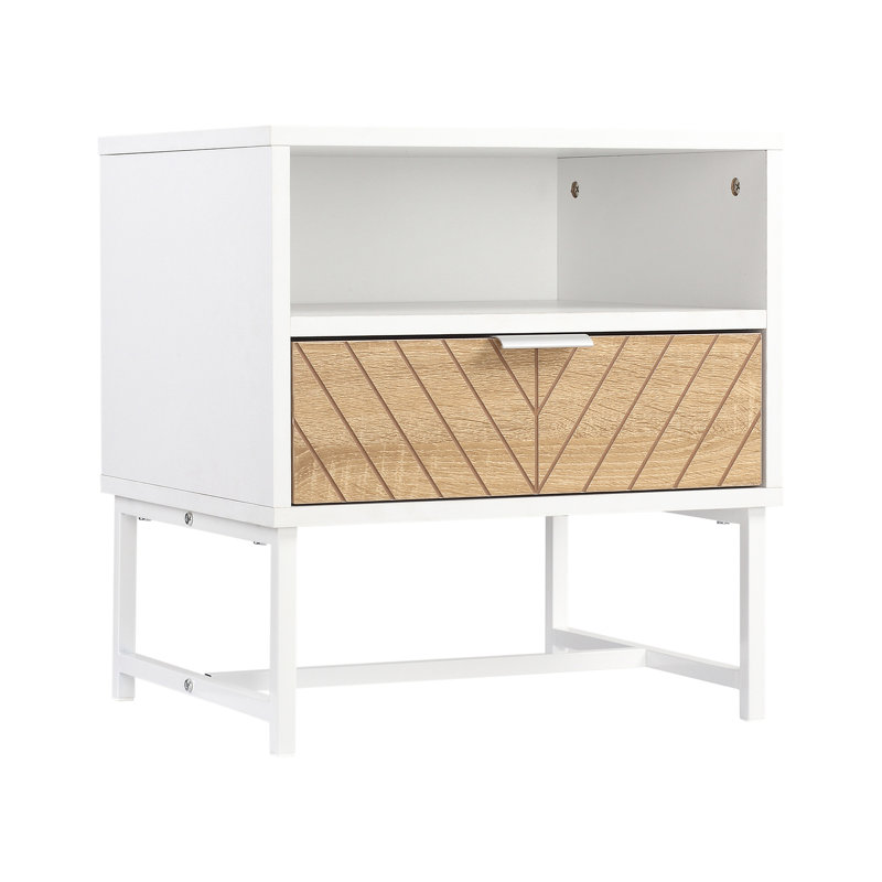 Table de chevet avec tiroir, table de chevet avec tablette et base en métal, blanc