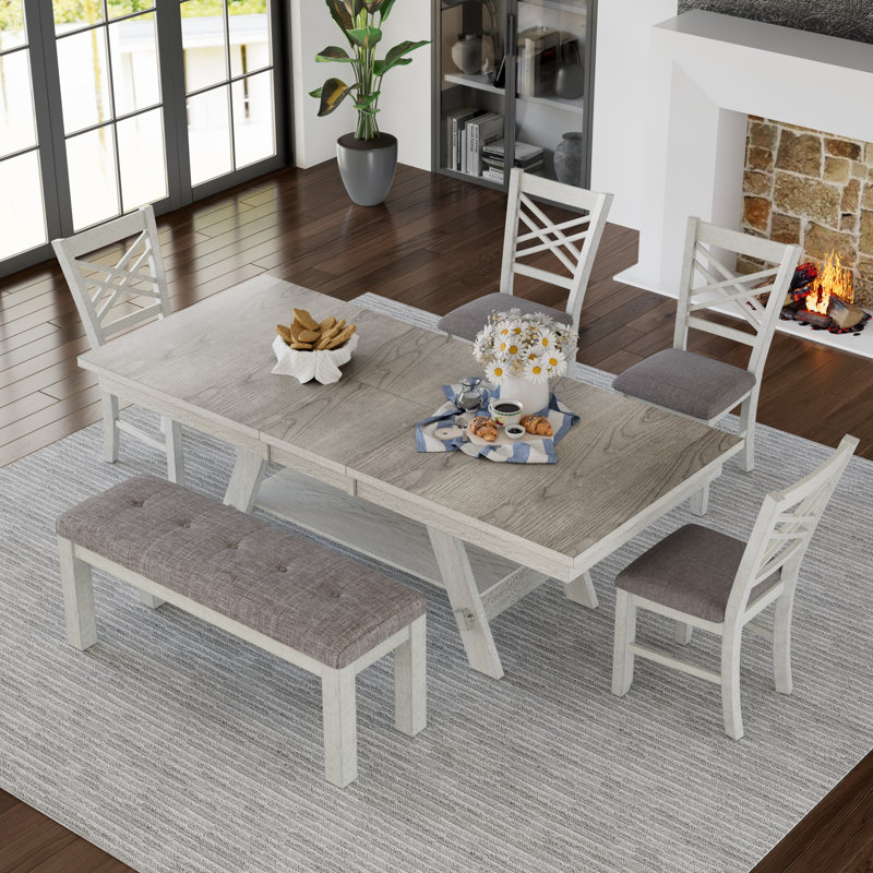 Ensemble de table de salle à manger extensible en bois massif 6 pièces pour 6 à 8 personnes, ensemble de table de cuisine avec chaises et banc, ensemble de table de salle à manger rectangulaire pour la salle à manger