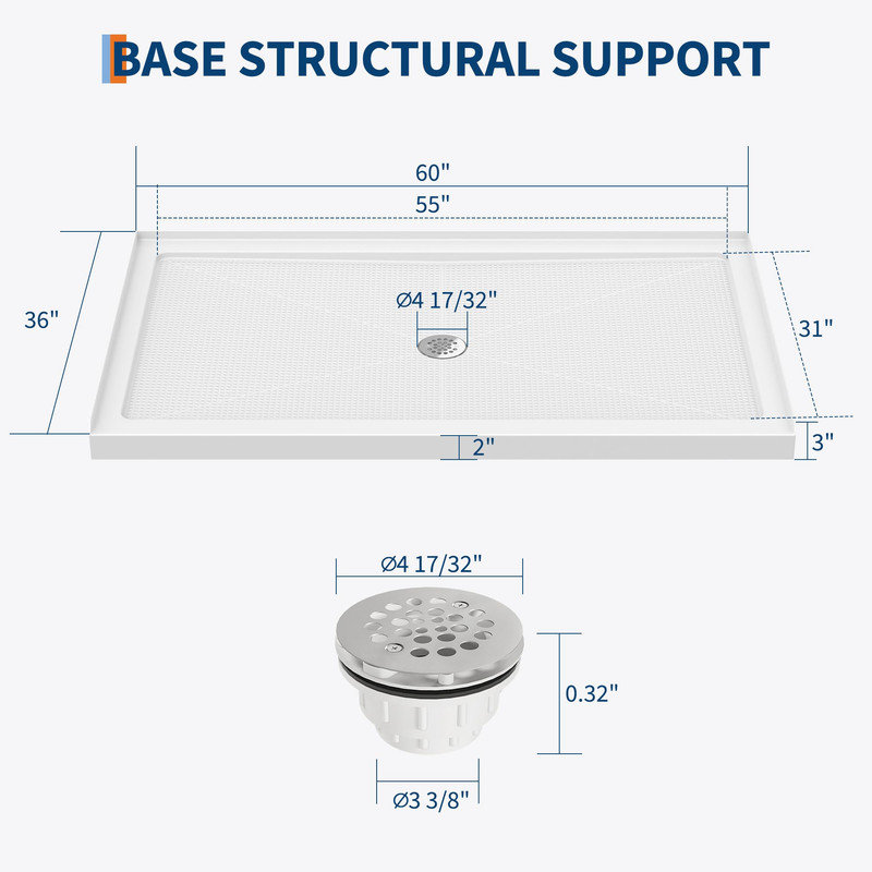 Couvre-plancher de douche antidérapant 36 "x 60" avec drain central et couvercle rond en acier inoxydable